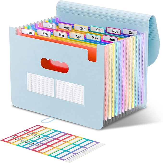 ThinkTex Accordion File Organizer, 12 - Pocket Expanding File Folders | for Receipts, Bill&Taxes Organizer, Letter/A4 Size Document Holder for School, Office, Home with tabs-Light Blue
