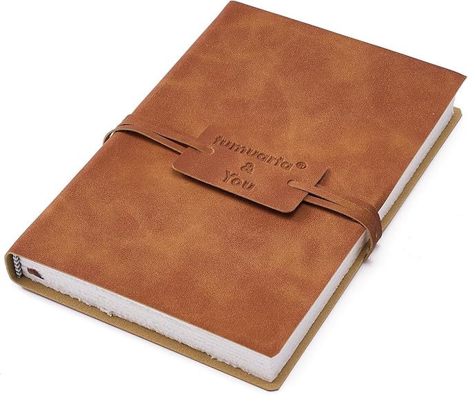tumuarta Deckle Edge Watercolor Paper Sketchbook, 100% Cotton Vintage Leather Journal, 140 Lb, 300 GSM, 24 Sheets Handmade Diary for Mixed Media Techniques. (Brown, 4"x6")