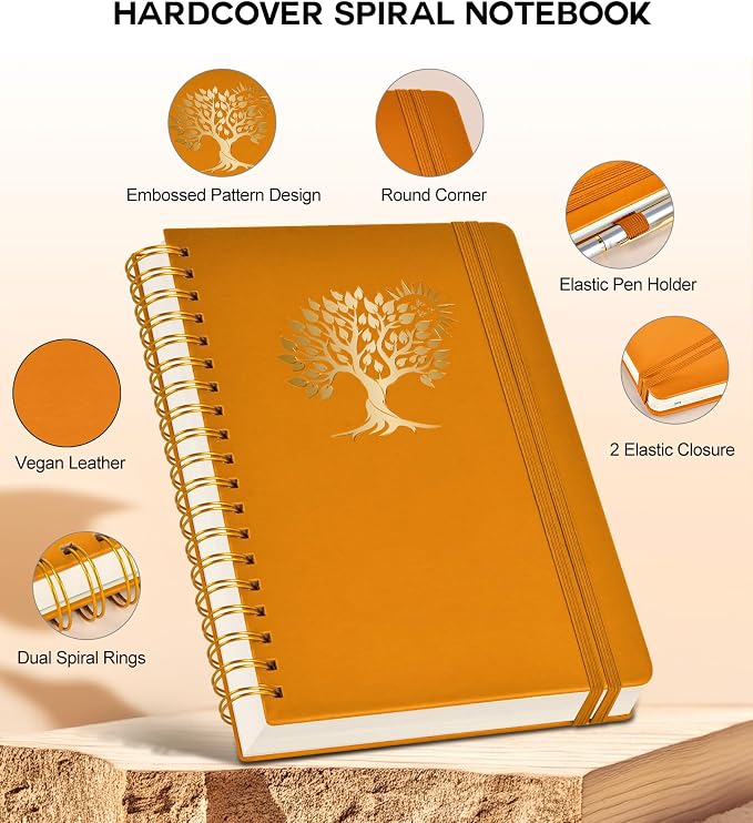 PERCUN Spiral Notebook 300 Numbered Lined Pages Hardcover Journal 5.9"x8.5" | College Ruled Spiral Bound Notebook with Tabs, A5 Leather Journal for Women Men, Work, School, Travel, Writing & Note Taking
