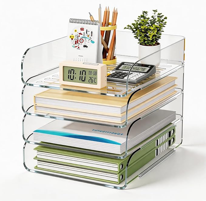 HIYOHIYO Clear Office Desk Organizer for A4 Letter Paper, 4-Tier Vertical | Stackable | Large Capacity | Sturdy Office DeskTtop Organizer for File Folder, Stable Home Desk Paper Holder and Storage