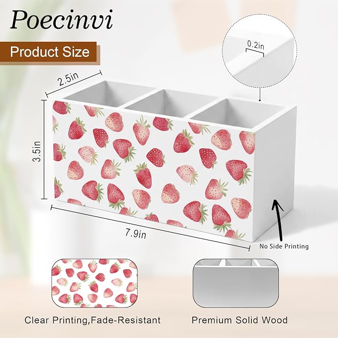 Watercolor Strawberry Pen Holder for Home Office Desk, Strawberry Lovers Gifts, Coquette Girly Fruit Aesthetic Wooden Box Sign Pencil Holder for Desk Shelf Organizer