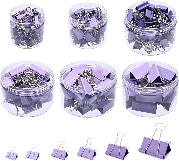 Temiary Metal Binder Clips, Assorted Sizes Extra Large, Large, Medium, Small, Mini, Micro Binder Paperwork Clip, Morandi Colored Paper Clamps Bulk for Office, Home, School (Purple 208P)