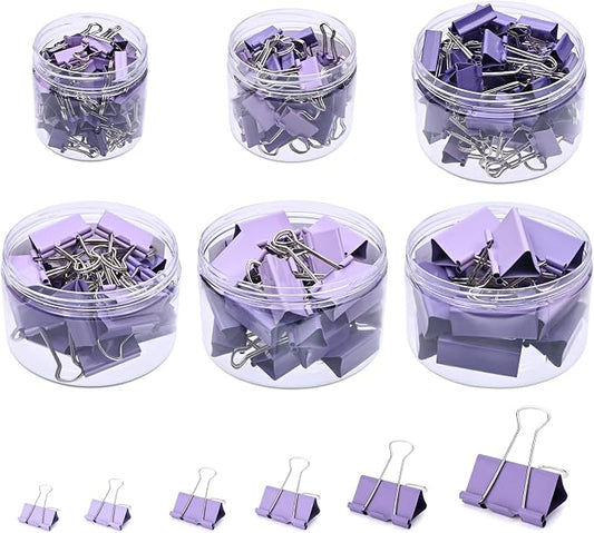 Temiary Metal Binder Clips, Assorted Sizes Extra Large, Large, Medium, Small, Mini, Micro Binder Paperwork Clip, Morandi Colored Paper Clamps Bulk for Office, Home, School (Purple 208P)