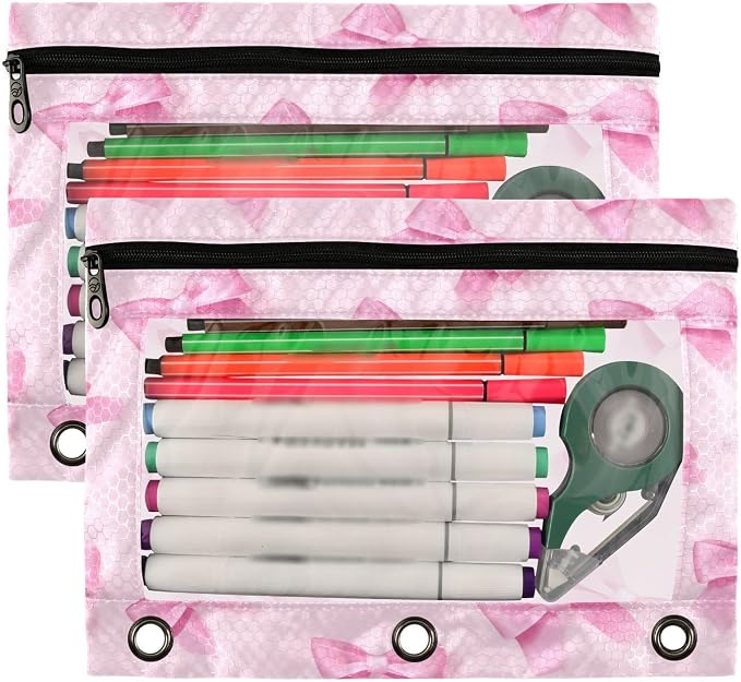 Bow Tie Pencil Pouch Fits Standard 3-Ring Binders, Zipper Binder Pencil Bag with Clear Window for Office 2 Pack