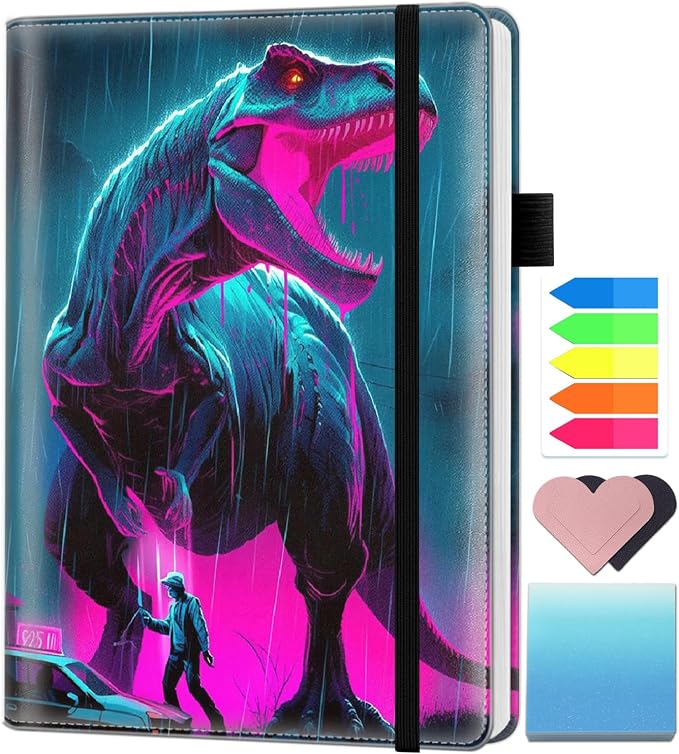 A5 Leather Lined Journal Notebook, 200 Pages Hardcover Executive Notebook for Men Women Office School Note Taking, Thick Writing Paper Daily Journal with Bookmarks/Indexes, Dinosaur