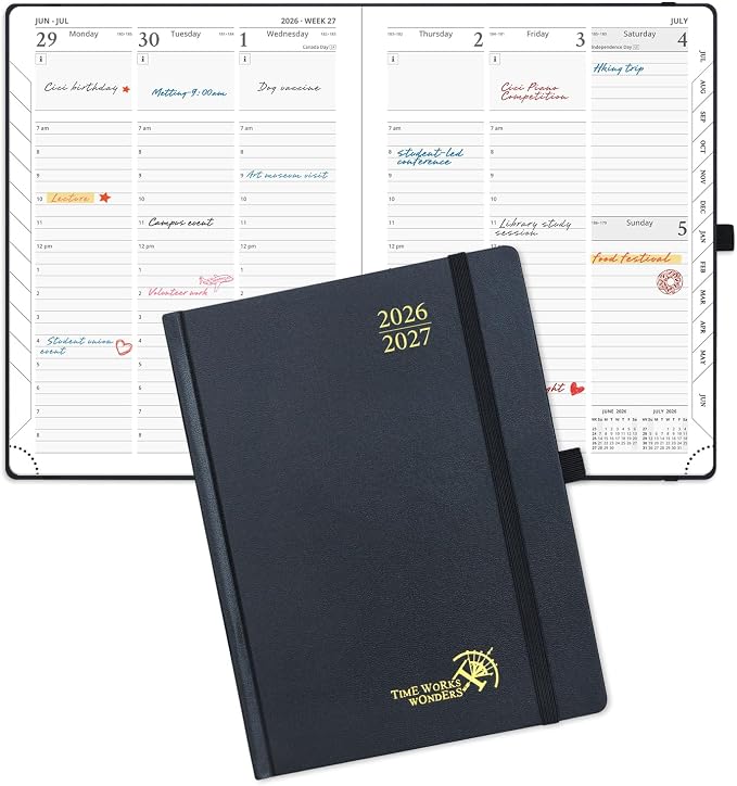 POPRUN 2026-2027 Academic Planner, 6.5" x 8.75", Weekly and Monthly Calendar, July 2026 to June 2027, Hardcover Appointment Book with Vertical Layout, Hourly Time Slots, Monthly Tabs - Black