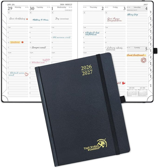 POPRUN 2026-2027 Academic Planner, 6.5" x 8.75", Weekly and Monthly Calendar, July 2026 to June 2027, Hardcover Appointment Book with Vertical Layout, Hourly Time Slots, Monthly Tabs - Black
