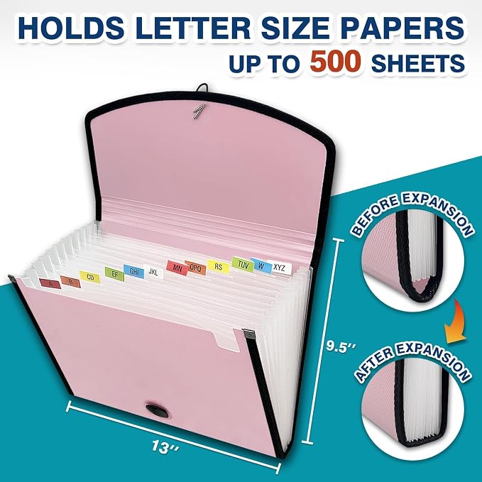 H4D 13-Pocket Accordion File Organizer, Expanding File Folder, Light Pink | Extra Back Mesh Pocket, Letter Size Paper, Pre-Printed and Customizable Labels, Expandable Document Organizer