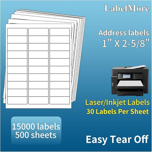 LabelMore Mailing Address Labels, 1" x 2-5/8", 30 up Labels for Laser or Inkjet Printable, 30-Up FBA Labels, 15000 Labels - 500 Sheets