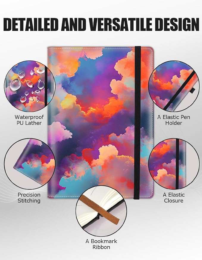 Hardcover Executive Notebooks, A5 PU Leather Lined Journal Notebook, 200 Pages Thick Paper Subject Notebooks for School,Work,Home Writing Business Notebook, Diary Book ，Colorful Sky