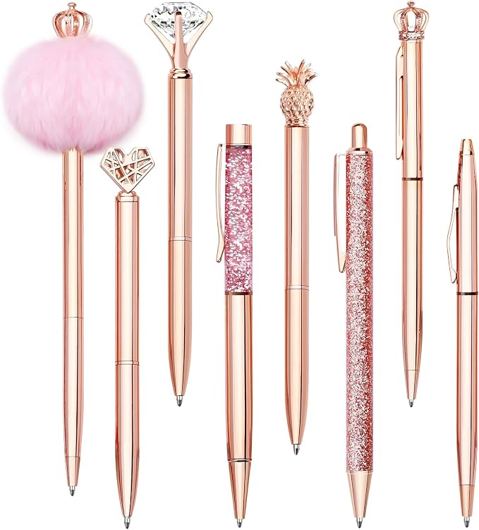 WEMATE 8Pcs Rose Gold Pens Crystal Diamond Pens with Black & Blue Ink | Fancy Pens for Journaling, Office & Gift Supplies for Women Girls, Birthday and Back to School