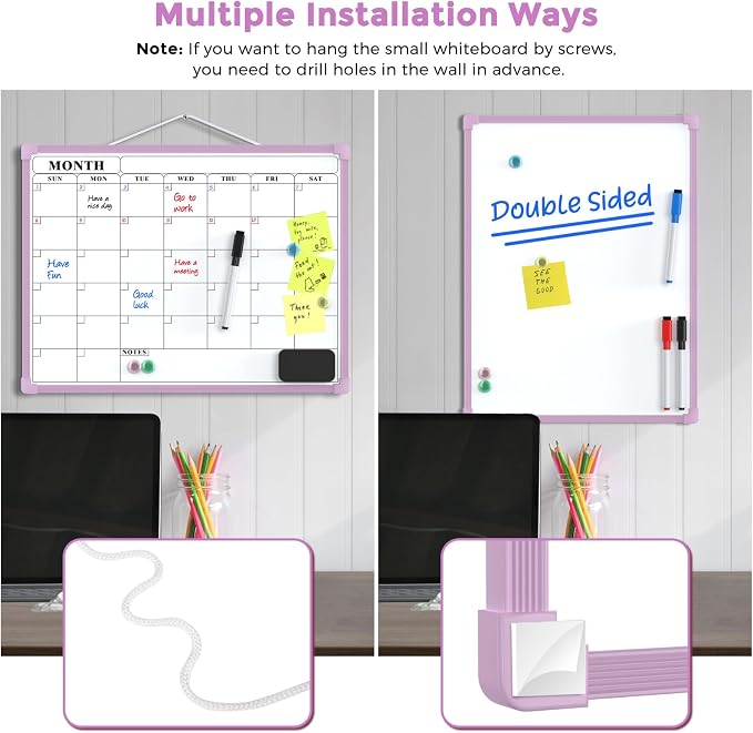 MaxGear Monthly Calendar Dry Erase Board for Wall, 16"x12", Purple Frame | Double-Sided, Hanging Small White Board, Portable Whiteboard for Planning, Drawing, Memo, to Do List, Home, Kitchen, Office