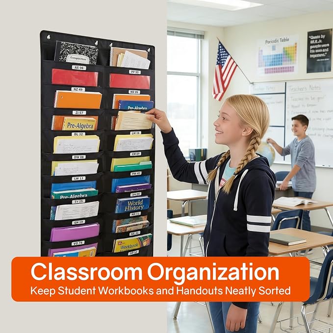 SUNEE 20 Pockets Hanging Wall File Organizer, Black Storage Pocket Chart for File Folder and Paper, Space Saver for Office and Classroom, with Wall Hangers, Over The Door Hooks, Labels