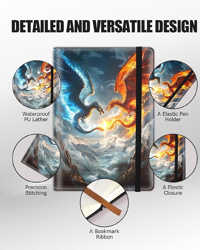 Hardcover Executive Notebooks, A5 PU Leather Lined Journal Notebook, 200 Pages Thick Paper Subject Notebooks for School,Work,Home Writing Business Notebook, Diary Book, Dragon Fighting