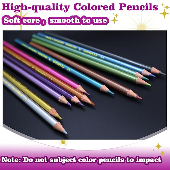 12 Metallic Colored Pencils, Soft Core with Vibrant Glitter Color Pencil for Adults Artists Beginners Drawing Coloring Sketching, Pre-sharpened