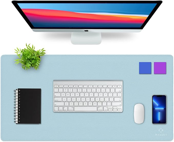 K KNODEL Large Sewing Leather Desk Mat, Desk Pad (Light Blue, 31.5"x15.7") | Mouse and Keyboard Pad, PVC Computer and Laptop Mat, Desktop Protector and Cover, Writing Pad and Blotter for Home Office
