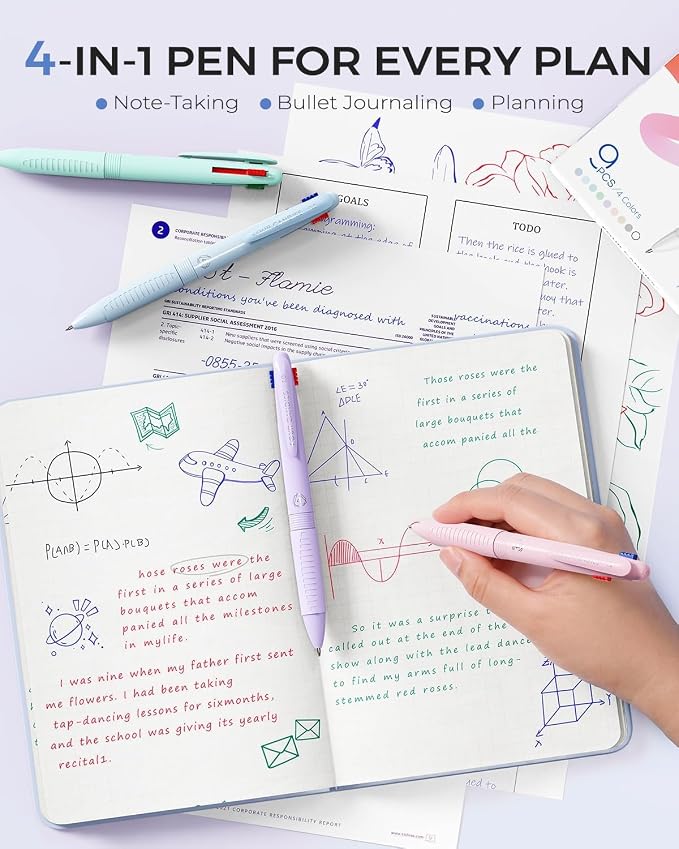 Four Candies Multicolor Pens, 4-in-1 Retractable Pens, 9 Count | Retractable Multi Color Pens Fast Dry, Smooth Writing for Planners and Journaling, Nurse Accessories for Work