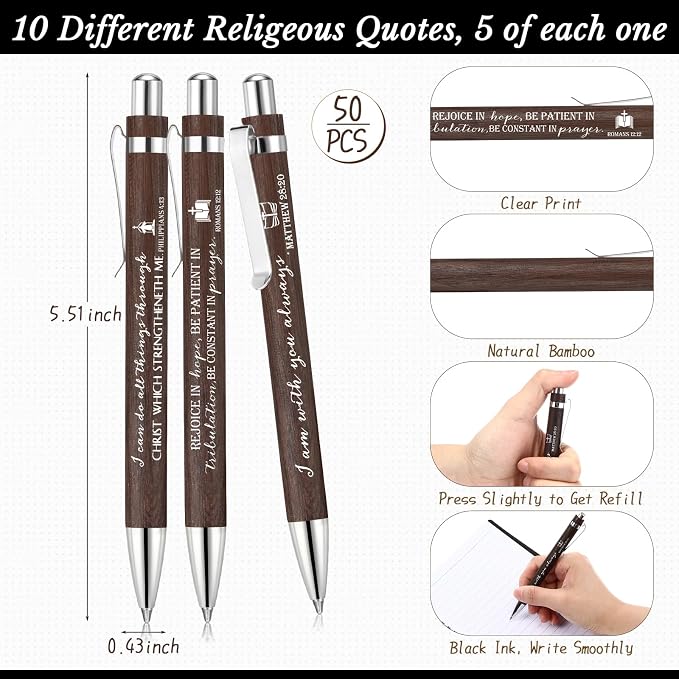 Kosiz 100 Pcs/ 50 Set Christian Gift Bulk A5 Spiral Notebook 5.5"x8.3" Christian Prayer Journal Bible Ballpoint Pen Religious Gift for Women Sunday School Church Member Back to School Gifts (Black)