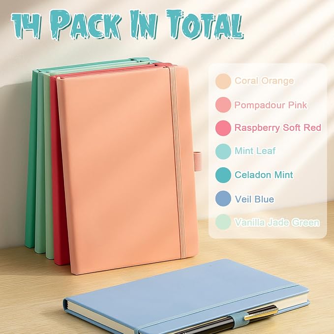 Laumoi 14 Pack Hardcover Journal Notebooks Bulk A5/A4/B5 Journaling Notebook Wide Ruled PU Leather Ruled Lined Journals with Pen Holder for School Business Work Writing (Rococo Color,A5)