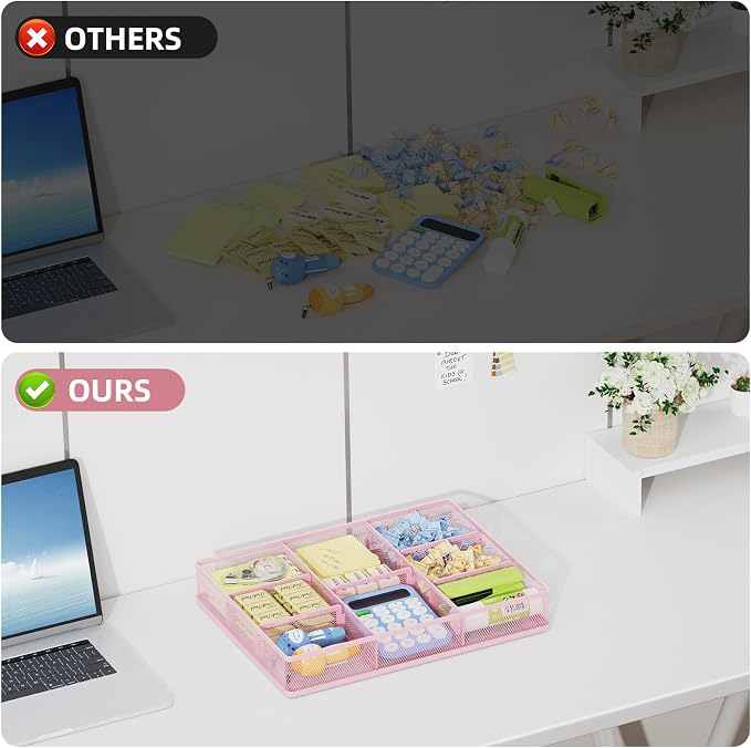 Marbrasse Pink Desk Drawer Organizer, Metal Mesh Drawer Organizer Tray with 5 Adjustable Compartments,Desk Organizers and Accessories for Home,Office,Kitchen,Makeup,Vanity (Pink)