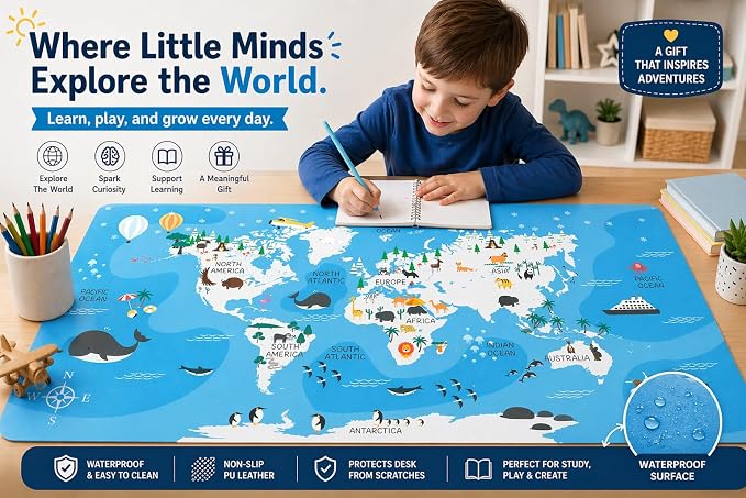 Kids World Map Desk Mat PU Leather Study Pad, 31.5"x15.7" | Non-Slip Waterproof Desk Pad for Boys & Girls, Learning Geography Study Mat, School Desk Protector, Gift for Children