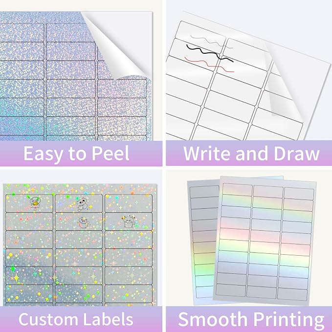 1" x 2-5/8" Address Labels - Holographic Shipping Labels Mailing Stickers for Laser/Inkjet Printer 8.5"×11"- Self-Adhesive Waterproof- Star, Rainbow, Dots, Transparent- 20 Sheets