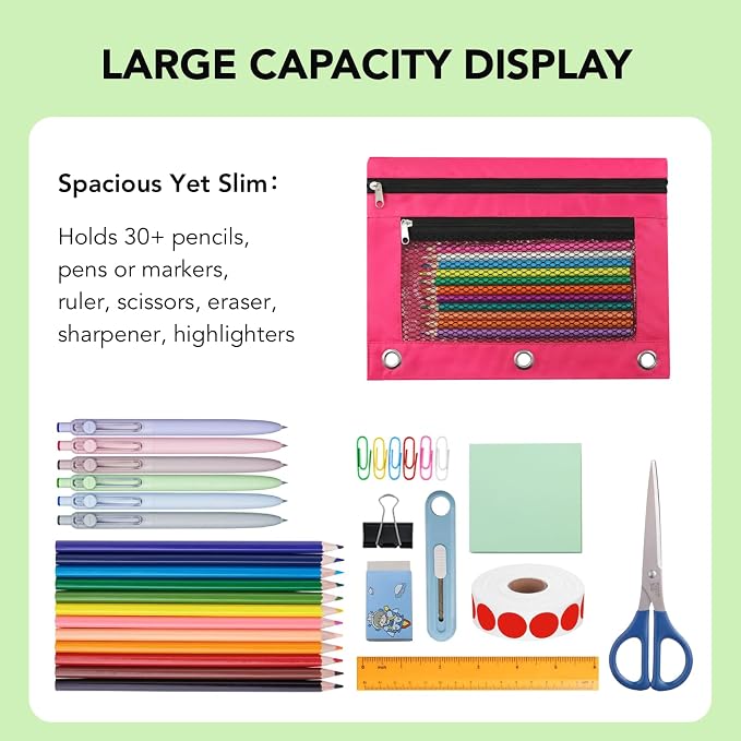 Pencil Pouch for 3 Ring Binder, Heavy Duty Canvas Dual Zipper Pen Bag with Clear Window, Smooth Metal Zipper, Fit Standard 3-Ring Binders for School Office Travel Supplies