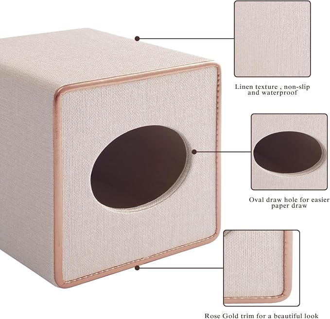 Linen Square Tissue Box Cover,Cube Tissue Box Holder－Excellent Rosegold Leather Decoration,Table Napkin Case Dispenser,Facial Tissues Organizer with Magnetic Bottom for Home Office Car(Beige)