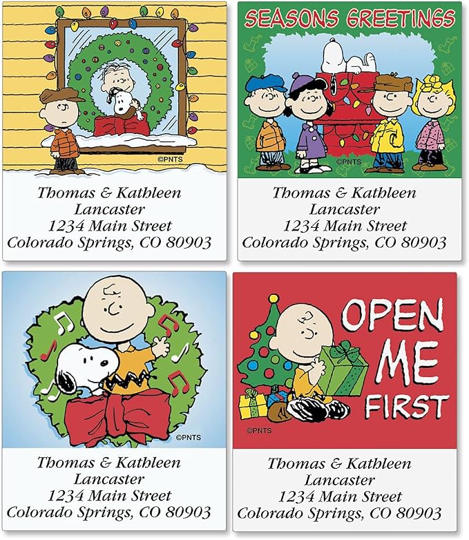 Colorful Images A Charlie Brown Christmas Peanuts Return Address Mailing Labels,Personalize with Name & Shipping Address, Set of 144 Self Adhesive,Easy Peel Flat Sticker Label Sheets,Square,6 Designs