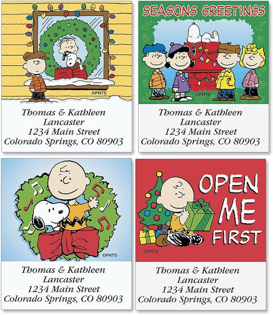 Colorful Images A Charlie Brown Christmas Peanuts Return Address Mailing Labels,Personalize with Name & Shipping Address, Set of 144 Self Adhesive,Easy Peel Flat Sticker Label Sheets,Square,6 Designs
