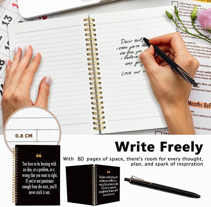Inspirational Notebook with Pen Set, A5 College Ruled Spiral Journal, Black and Gold Office Supplies, Appreciation Gifts for Coworker Leaving, New Job, Graduation, 80 Sheets