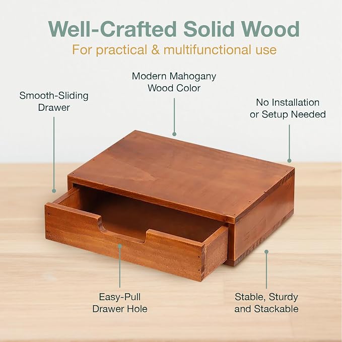 Single Drawer Desktop Storage Organizer in a Modern Wood Design (9.8”x6.9”x 2.8”) Wooden Stackable Drawer Unit - Single Monitor Riser (1-Pack)