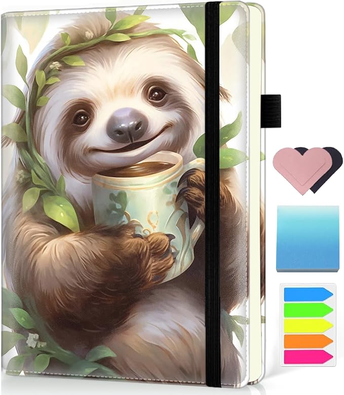 Hardcover Executive Notebooks, A5 PU Leather Lined Journal Notebook, 200 Pages Thick Paper Subject Notebooks for School,Work,Home Writing Business Notebook, Diary Book ， Sloth