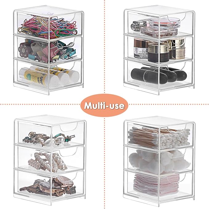 BTSKY 1 Pack Small Acrylic Storage Organizer with Drawers, 3-Layer Clear Desktop Organizer for Office Supplies Mini Storage Box with Drawers for Desk, Desktop Makeup Drawer Jewelry Storage Box