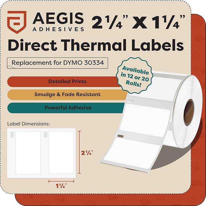Compatible Direct Thermal Labels Replacement for DYMO 30334 | (2-1/4" X 1-1/4") Barcode - Use with Labelwriter 450, 450 Turbo, 4XL Printers (12 Rolls) - Aegis Adhesives