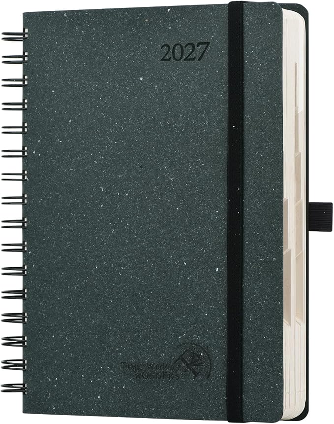 POPRUN 2027 Daily Planner One Page Per Day, Recycled Paper Planner with 5.75" x 8.5", Calendar Book with Italian Regenrated Leather Hard Cover, Hourly Time Slots, Spiral Bound, Monthly Tabs - Black Grey