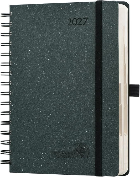 POPRUN 2027 Daily Planner One Page Per Day, Recycled Paper Planner with 5.75" x 8.5", Calendar Book with Italian Regenrated Leather Hard Cover, Hourly Time Slots, Spiral Bound, Monthly Tabs - Black Grey