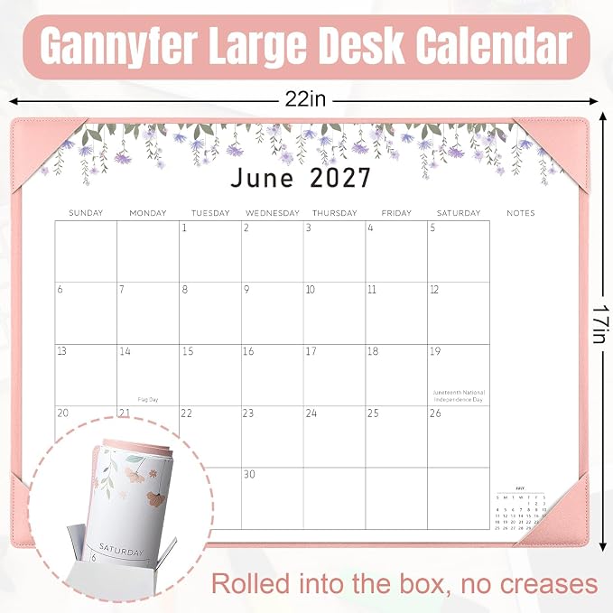 Gannyfer Desk Calendar 2026-2027 with Desktop Mat, Large 22" x 17" Desk Pad Calendar, 18-Month Calendar July 2026-Dec 2027, Office Supplies for Home School Office, Pink with 6 Stickers