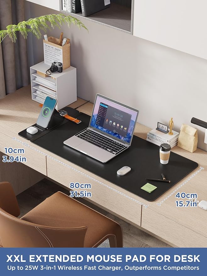25W Wireless Fast Charging Mouse Pad with Foldable Phone Holder, 2nd Gen 3-in-1 Wireless Charging Desk Mat 35.4" x 15.7" Large Waterproof Desk Pad for Office, Gaming & Home