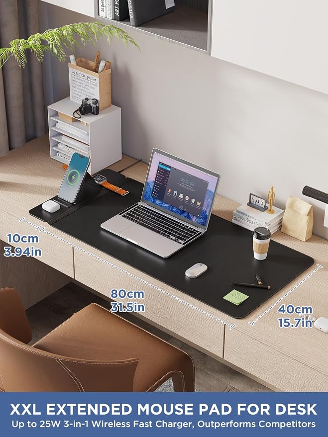 25W Wireless Fast Charging Mouse Pad with Foldable Phone Holder, 2nd Gen 3-in-1 Wireless Charging Desk Mat 35.4" x 15.7" Large Waterproof Desk Pad for Office, Gaming & Home