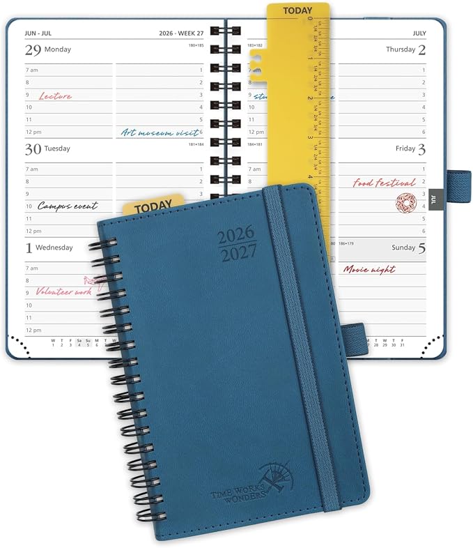POPRUN Pocket Planner 2026-2027 (Size 4''x6.25'') Academic Pocket Calendar | Weekly Planner, Small Calendar Book(July 2026 - June 2027) with Hourly Time Slots, Spiral Leather Cover - Night Sky Blue