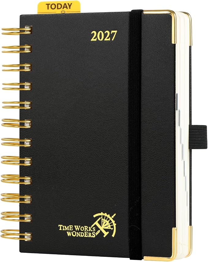 POPRUN 2027 Daily Planner One Page Per Day, Small 4.25" x 6.25", Calendar Book from Jan 2027 - Dec 2027, Hardcover Appointment Book with Hourly Time Slots, Spiral Bound - Black