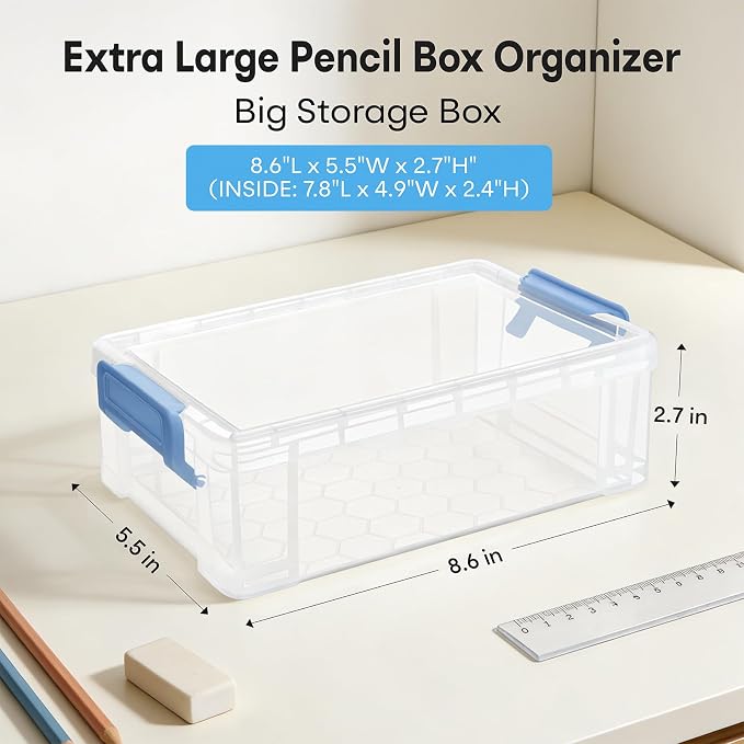 Extra Large Clear Pencil Box for Crayons, Markers, Art Supplies, Plastic Hard Pencil Case with Secure Lid, Stackable Hard Storage Organizer Box for Classroom & Office,Large Size (Blue)