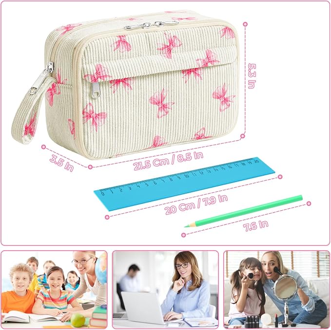 WOBAGMEN Cute Pencil Case,Large Corduroy Zippered Pencil Case Pouch, aesthetic Pencil Bag with Compartments, Pencil Pouch School Supplies (Pink Big Bow)