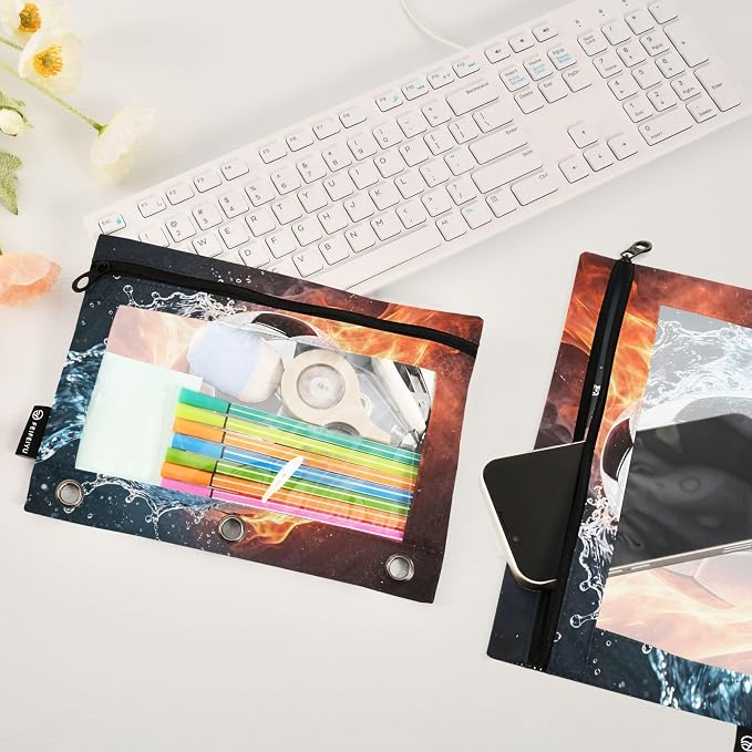 ALAZA Pencil Pouch for 3 Ring Binder, Fire Soccer Binder Pencil Pouches with Clear Window Zipper Pencil Case Cosmetic Bags for Office College Supplies, 2PCS