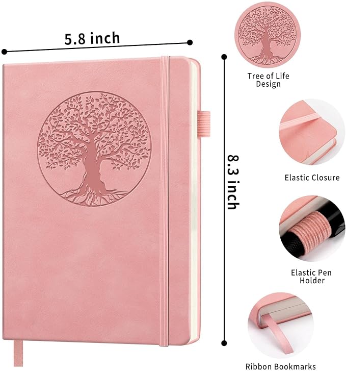 Lined Journal Notebook, A5 Leather Vintage Journals for Writing, 256 Pages College Ruled Notepad for Women Men, Vegan Leather Daily Notebook for Work, School, Travel, Note Taking(Tree of Life, Pink)