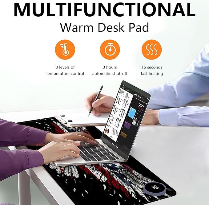 Heated Mouse Pad with 3 Levels Heated & 3 Hours Auto Shut-Off Mouse Pad for Warming Hands in Office Home, 23.6" x 14.2"Large Safe Desk Mat Hand Warmer，Flying Flag Eagle