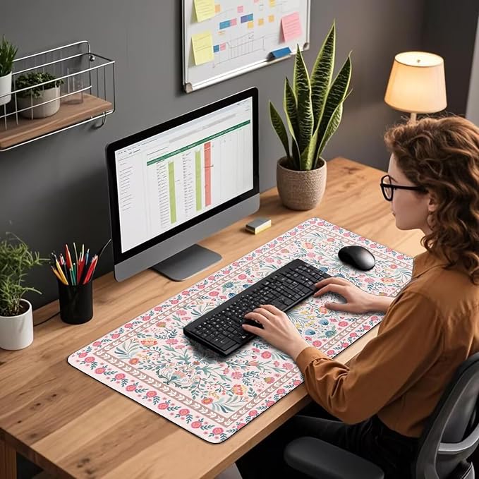 Pink Floral Desk Mat 31.5"x15.7" | Extra Large Mouse Pad, Non-Slip Rubber Base, Waterproof Desk Blotter, Stitched Edges, Smooth Computer Mat Office