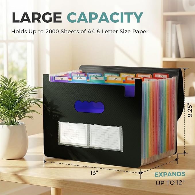 SKYDUE Accordion File Organizer, Expanding File Folder with 13 Pockets, Portable Document Paper Bill Receipt Organizer for Desk, Home School Office Supplies, Letter A4 Size Black