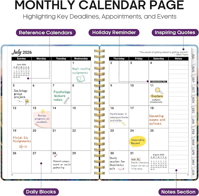 Planner 2026-2027, Academic Year Monthly and Weekly Calendar Planner, Jul 2026 - Jun 2027, Hardcover Teacher Student Planning Agenda book with Tabs, Perfect for School Office Supplies, 6.3" x 8.5" - Golden Meadow